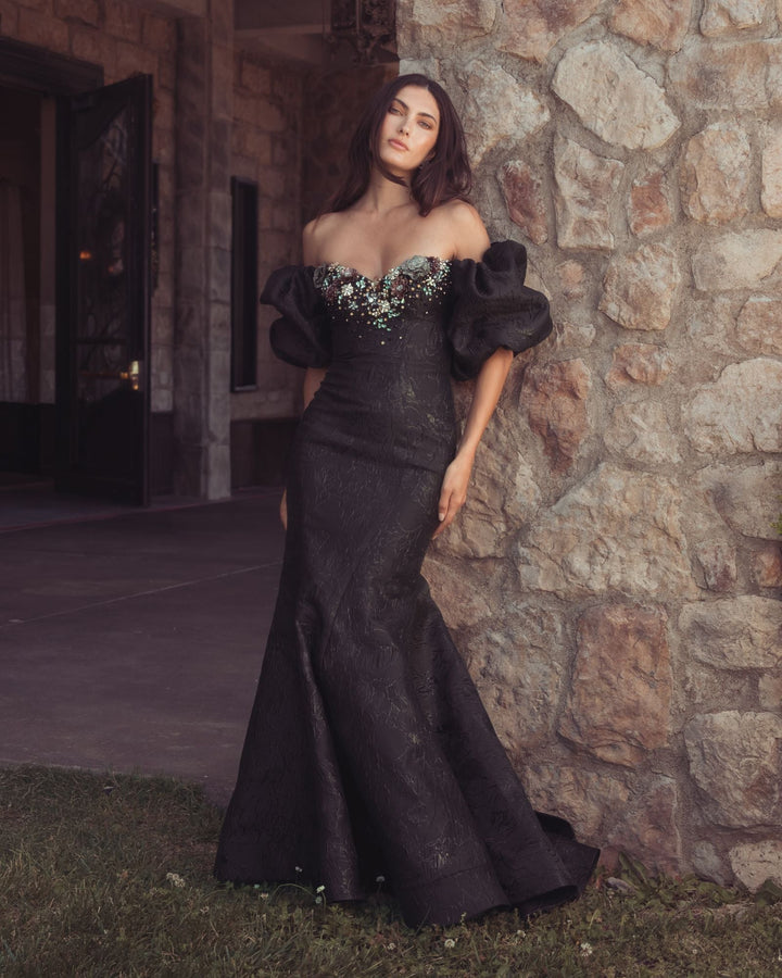 Mac Duggal 21526 Embellished Brocade Off The Shoulder Mermaid Gown