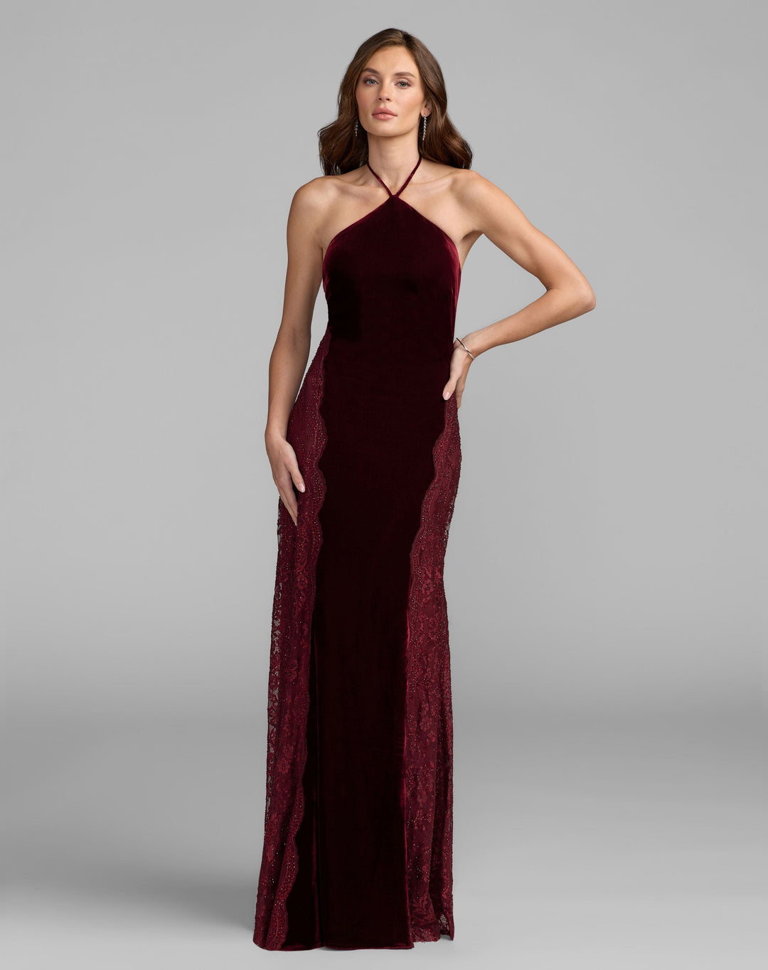 Mac Duggal 21576 Velvet and Lace Halter Column Gown