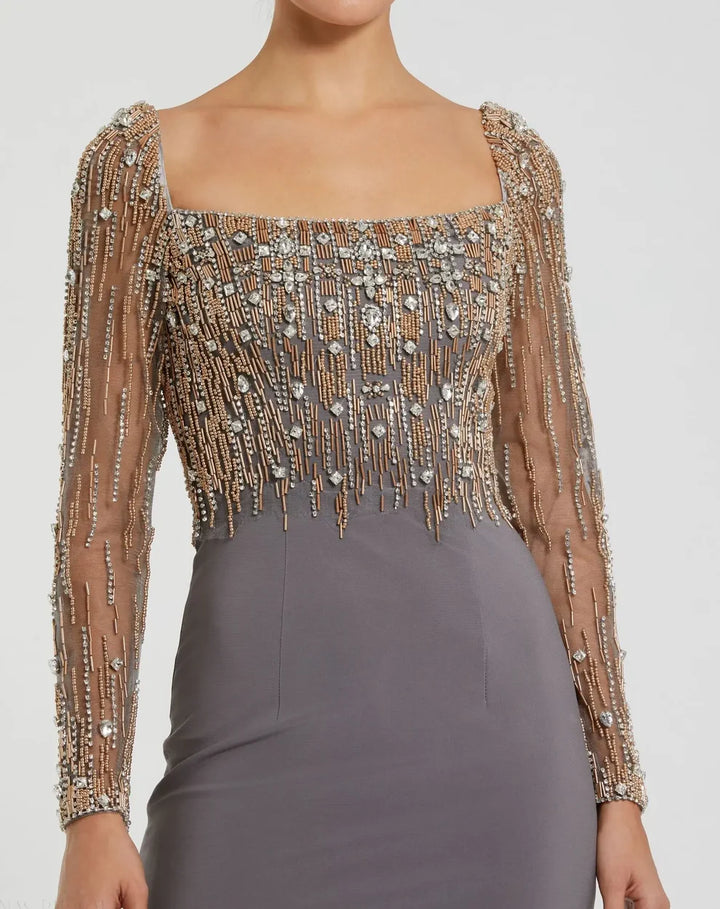 Mac Duggal 2256 Black Beaded Square Neck Long Sleeve Jersey Gown