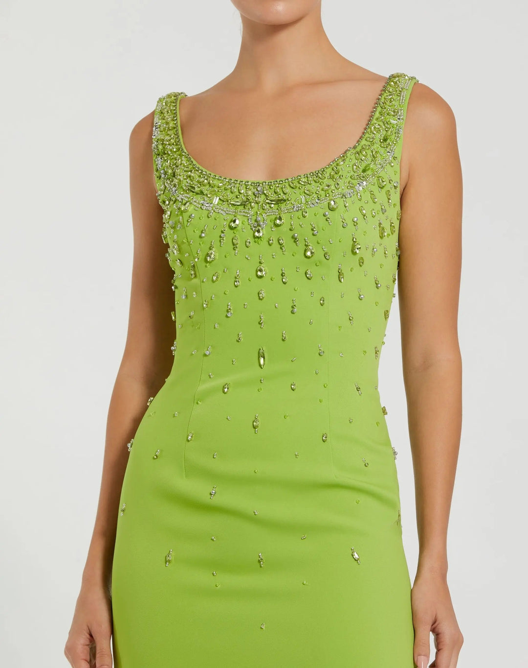 Mac Duggal 2259 Green Beaded Crepe Scoop Neck Sleeveless Midi Dress - FOSTANI.com