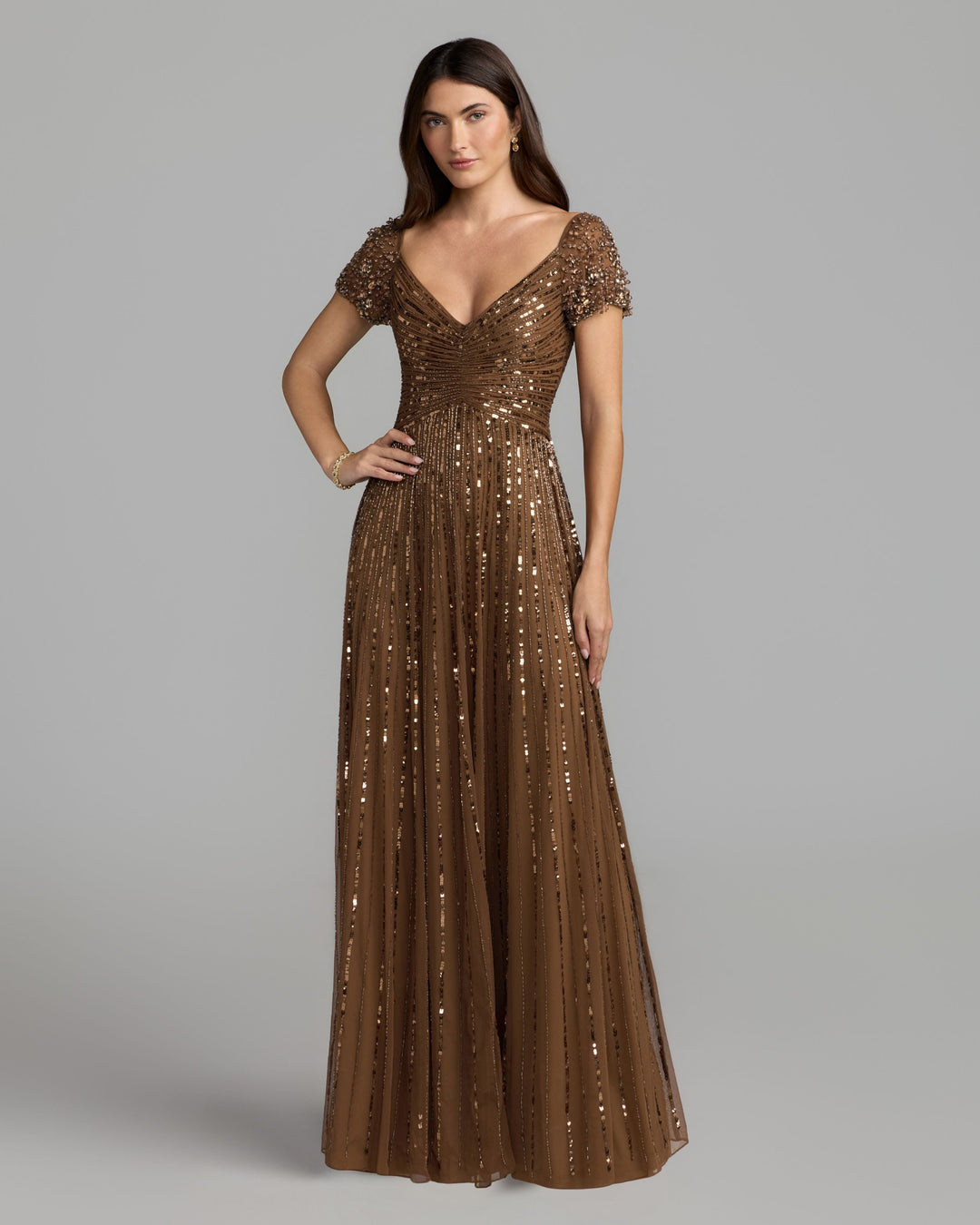 Mac Duggal 23042 Sequined Evening Gown With Embellished Shoulders