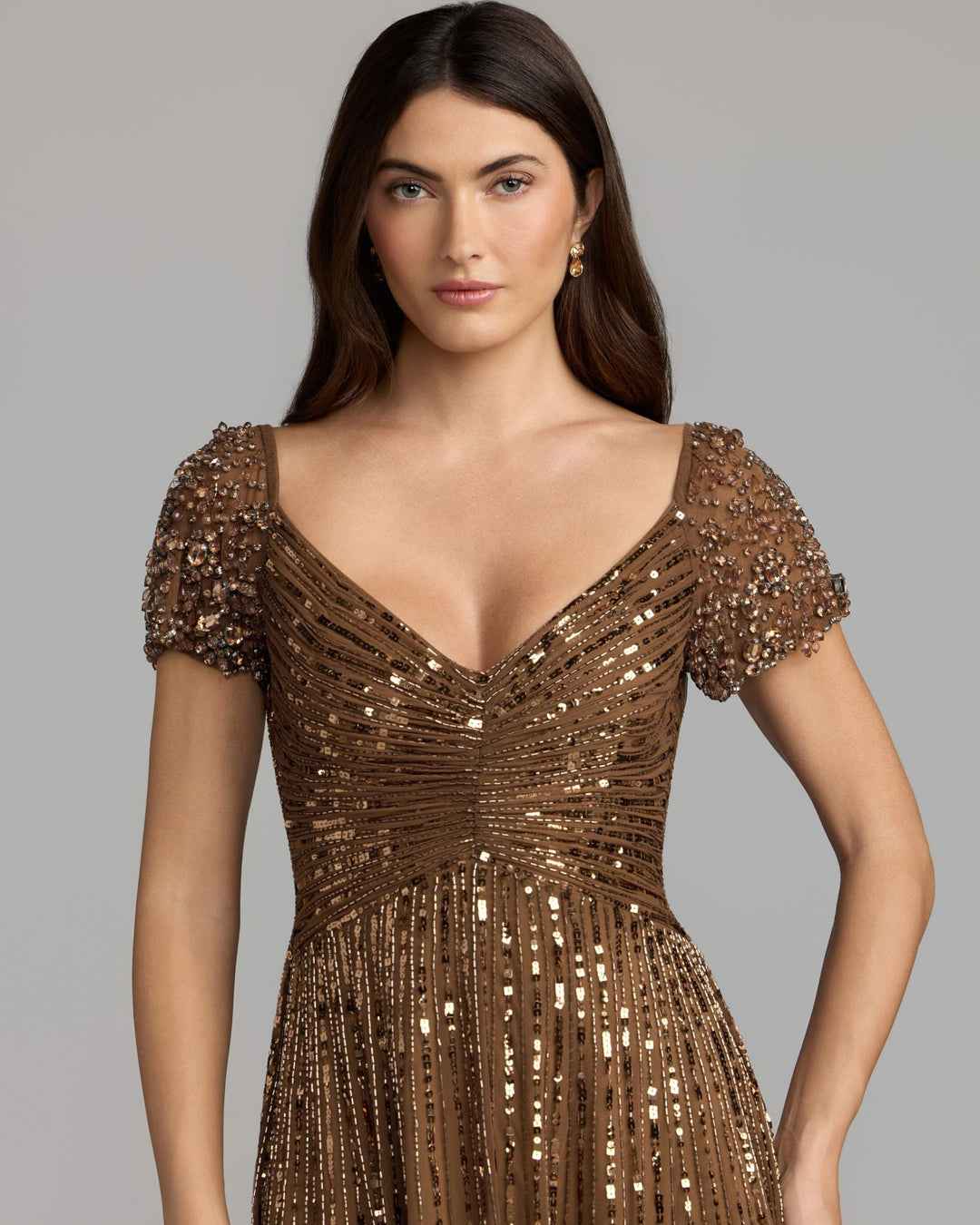Mac Duggal 23042 Sequined Evening Gown With Embellished Shoulders