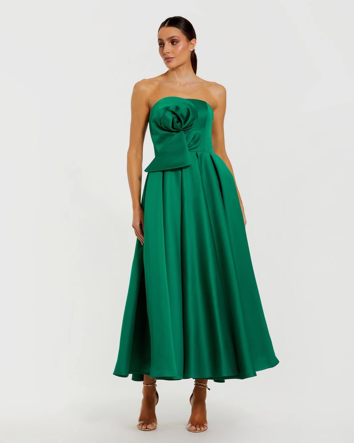 Mac Duggal 2330 Green Strapless Satin A Line Midi Dress With 3D Flower