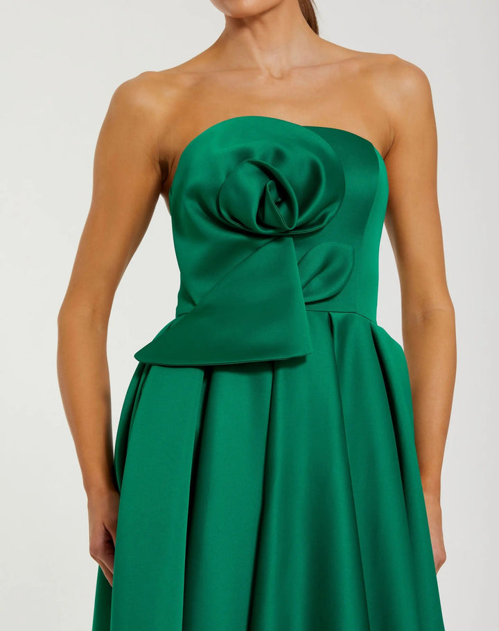 Mac Duggal 2330 Green Strapless Satin A Line Midi Dress With 3D Flower