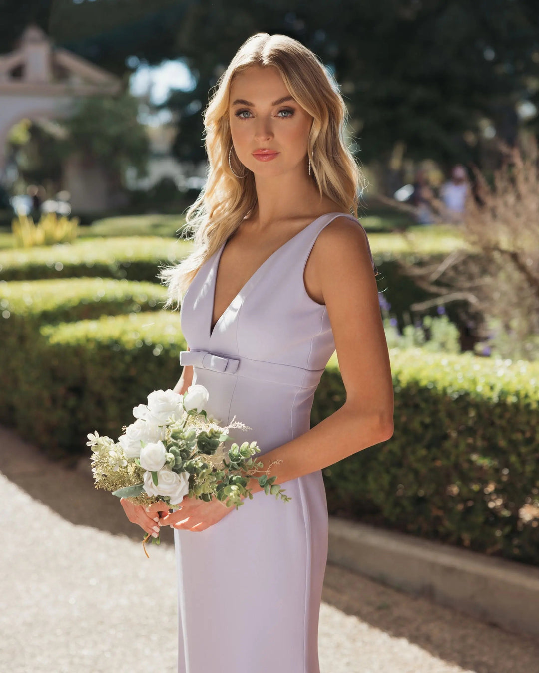 Purple Sleeveless V Neck Mermaid Gown With Bow - FOSTANI.com