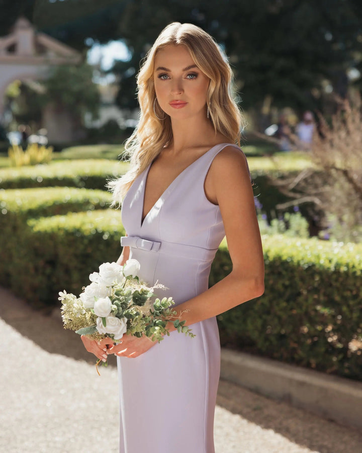 Purple Sleeveless V Neck Mermaid Gown With Bow - FOSTANI.com
