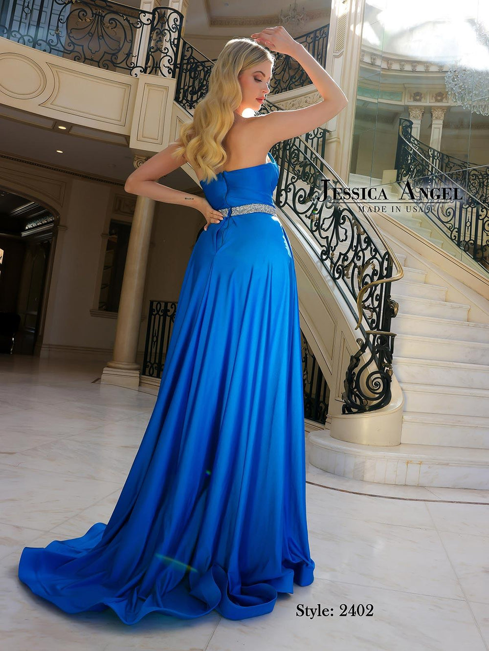 Jessica Angel 2402 strapless crystal belt jersey gown back view