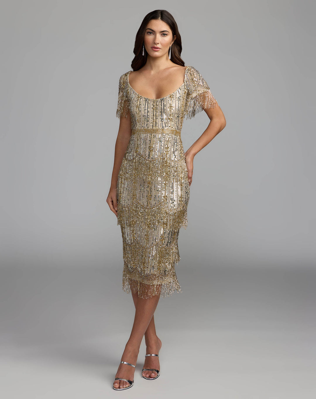 Mac Duggal 24020 Beaded Fringe Midi Dress
