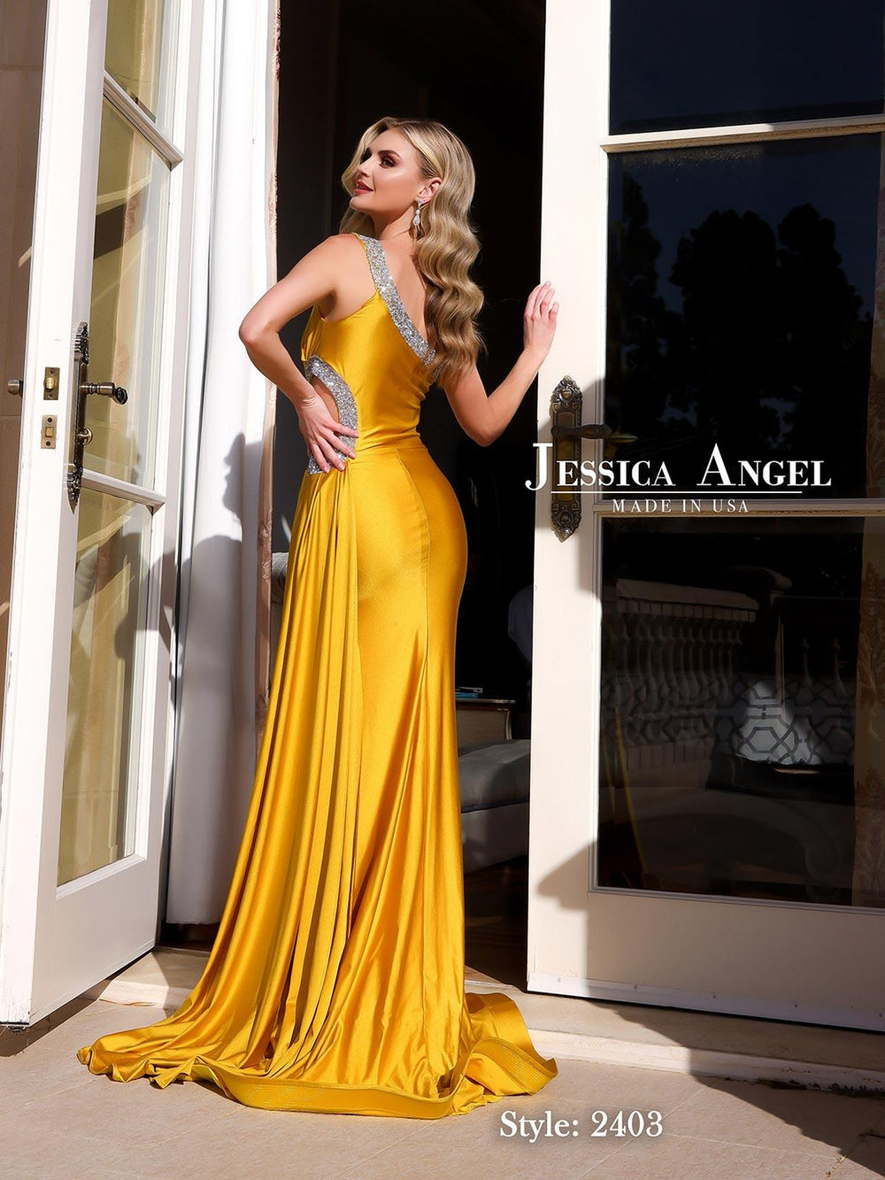 Jessica Angel 2403 one shoulder crystal jersey gown back view