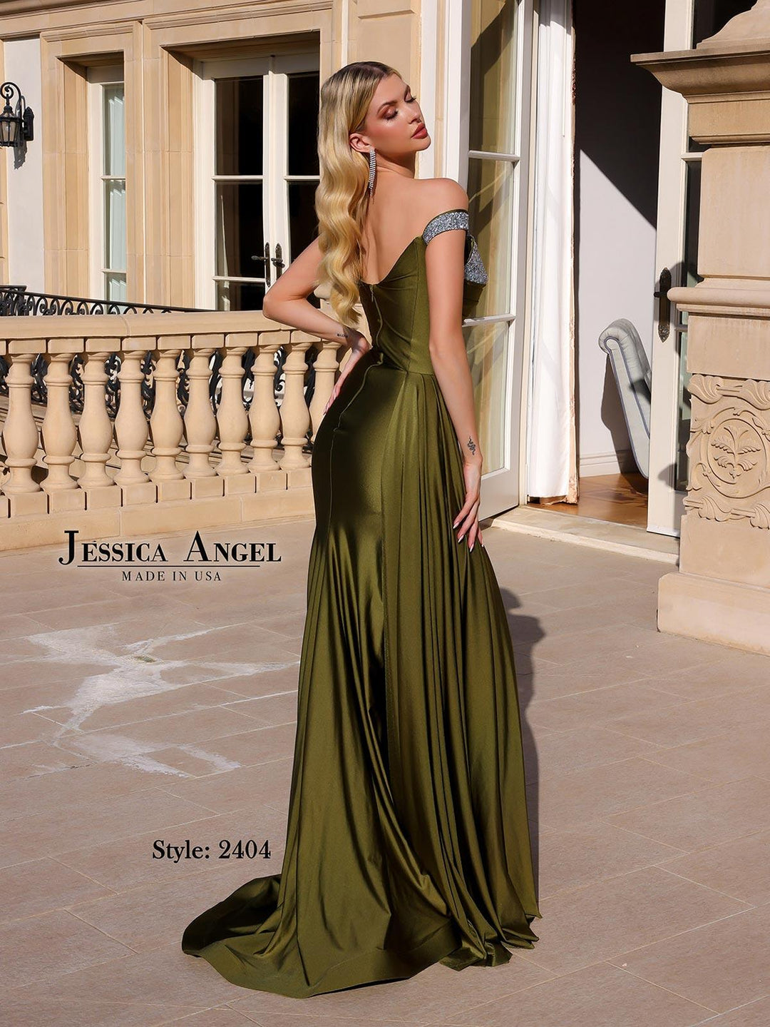 Jessica Angel 2404 off shoulder crystal jersey gown back view