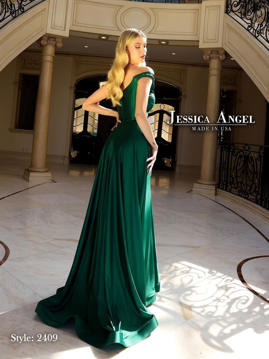 Jessica Angel 2409 off shoulder jersey gown with slit back view