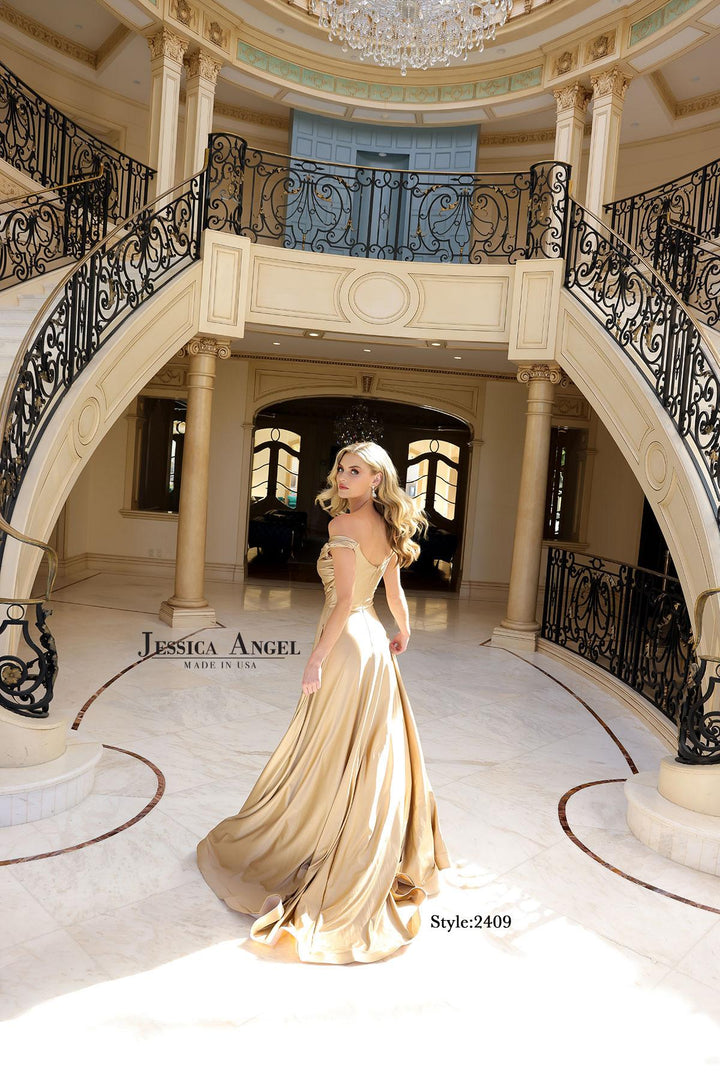 Jessica Angel 2409 off shoulder jersey gown with slit alternate view 4