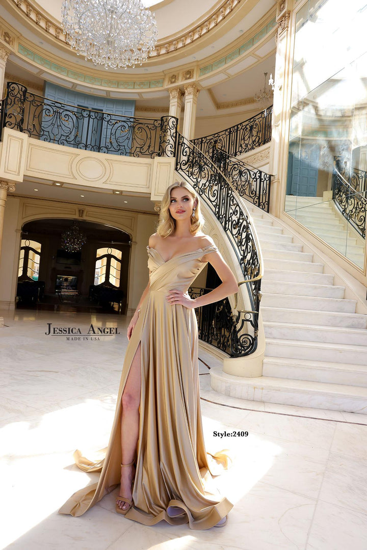 Jessica Angel 2409 off shoulder jersey gown with slit alternate view 3