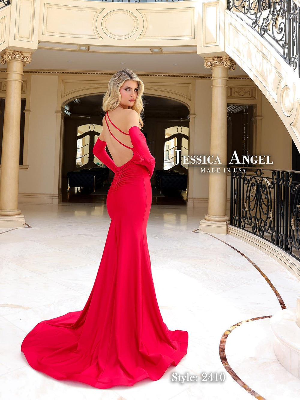 Jessica Angel 2410 one shoulder jersey mermaid gown back view