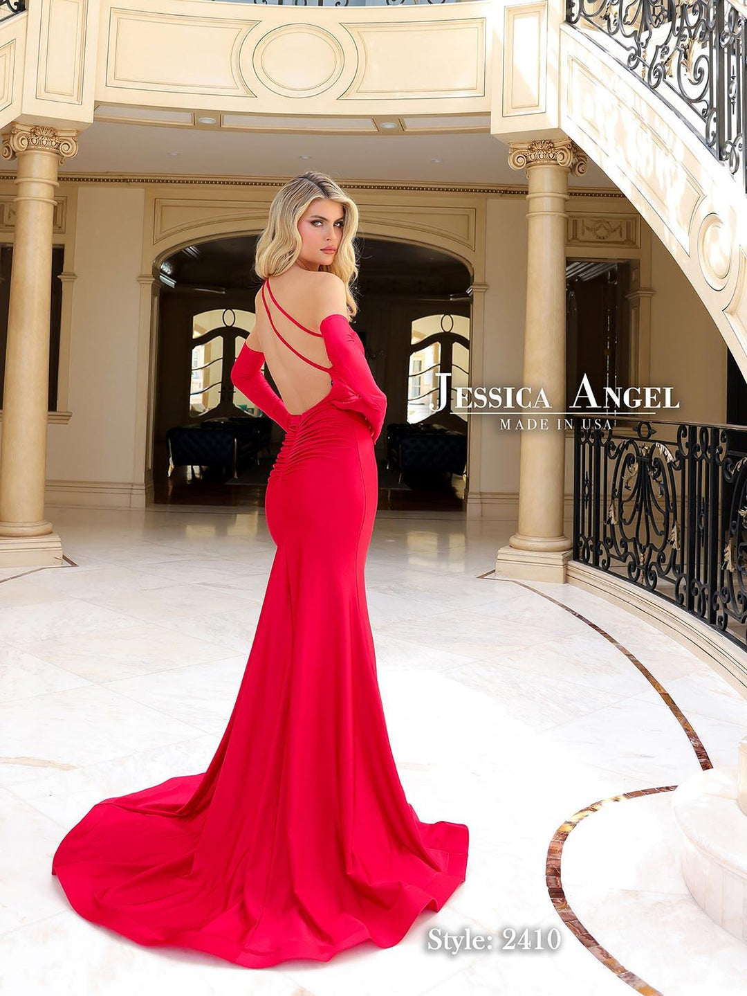 Jessica Angel 2410 one shoulder jersey mermaid gown back view