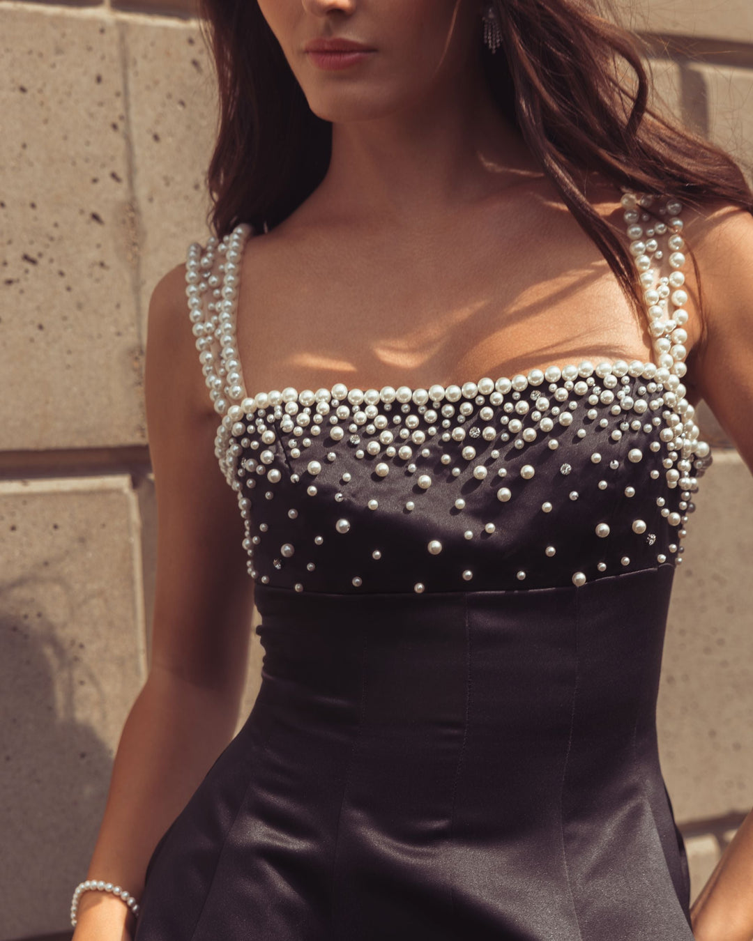 Mac Duggal 2427 Pearl Embellished Satin Mini Dress