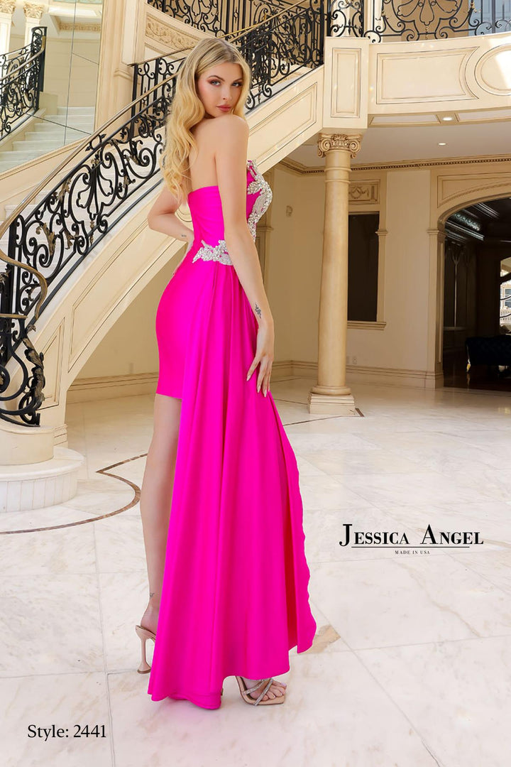 Jessica Angel 2441 strapless jersey cocktail dress with train alternate view 3