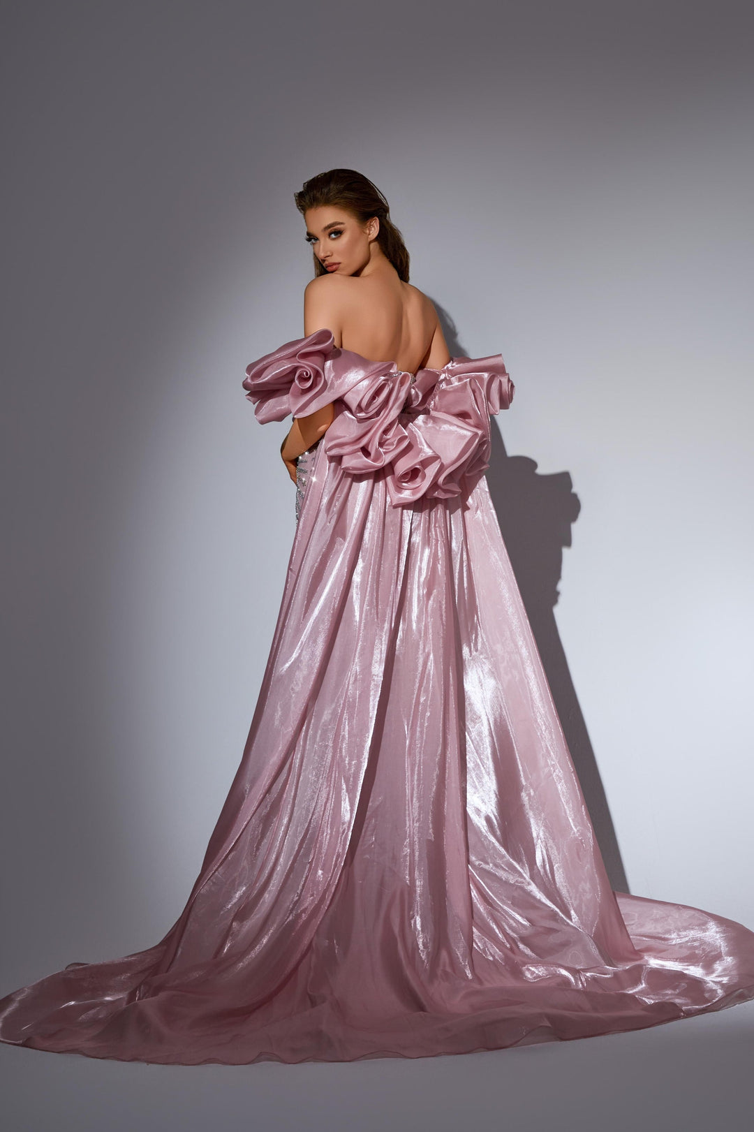 Delilah LD11441 Strapless Beaded Corset Mermaid Gown with Rosette Overskirt Train - Pink back view