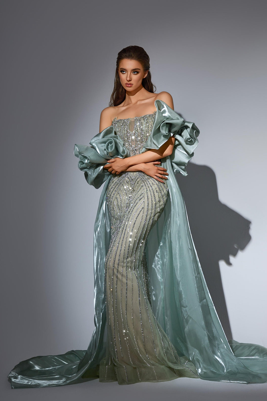 Delilah LD11441 Strapless Beaded Corset Mermaid Gown with Rosette Overskirt Train - Mint front view
