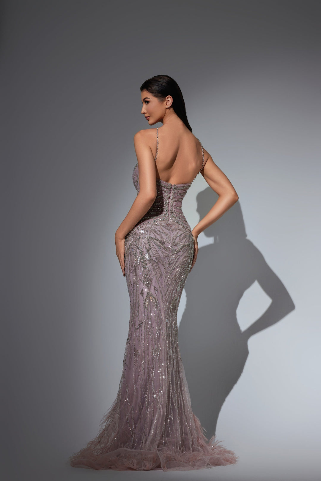 Delilah LD21122 Sweetheart Beaded Sheath Gown with Crisscross Straps and Feather Hem - Pink back view