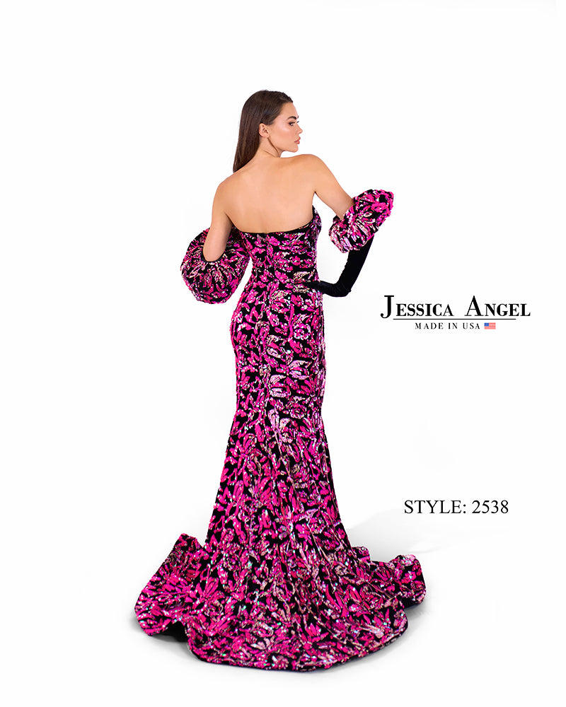 Jessica Angel 2538 strapless sequin velvet mermaid gown with gloves back view
