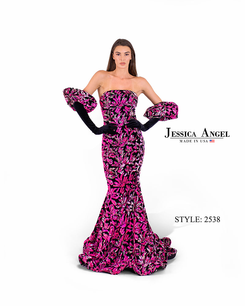 Jessica Angel 2538 strapless sequin velvet mermaid gown with gloves front view