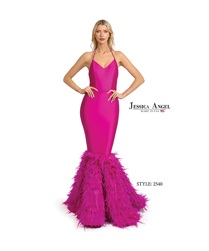 Jessica Angel 2540 feather skirt jersey mermaid gown front view