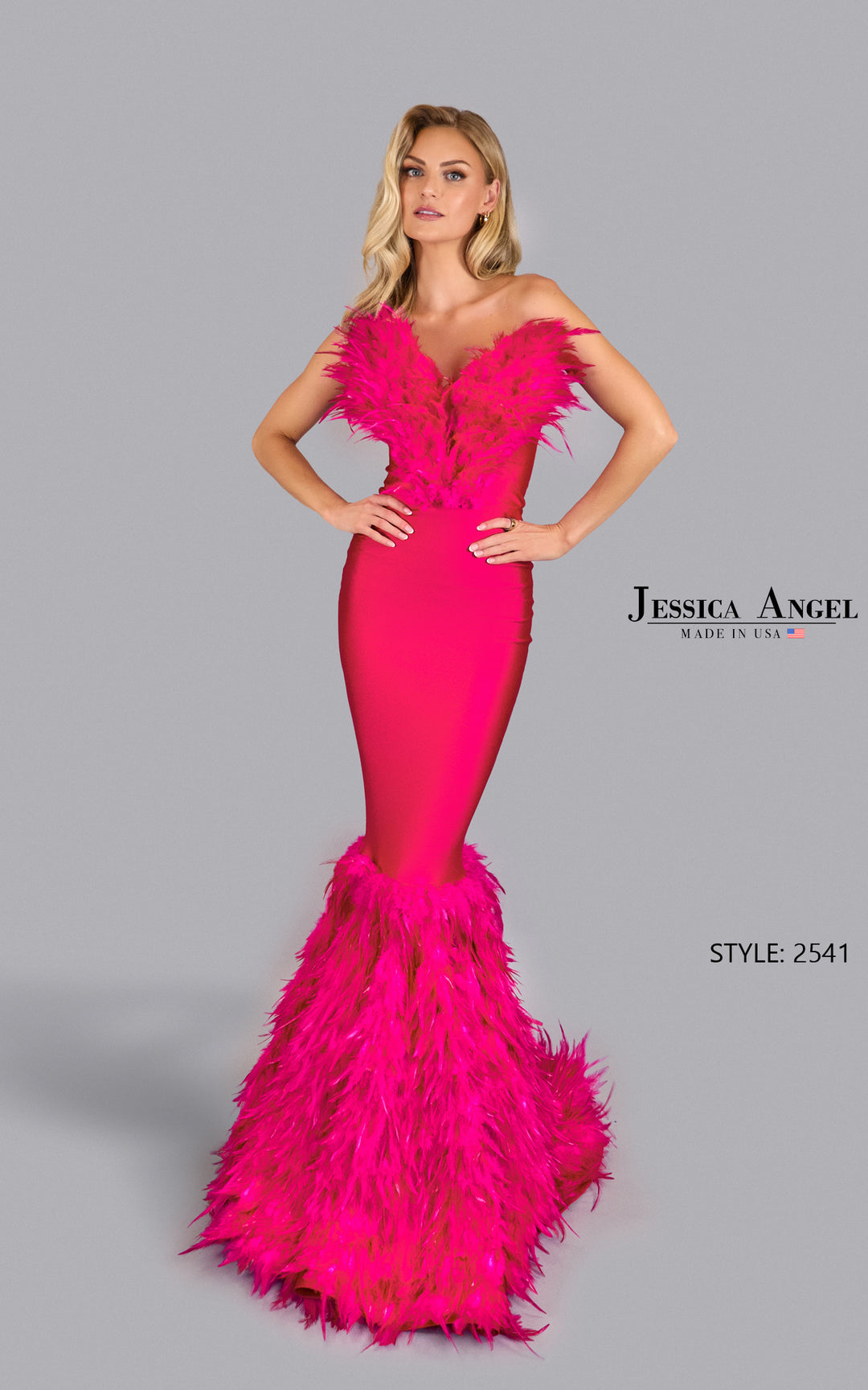 Jessica Angel 2541 strapless feather mermaid gown front view
