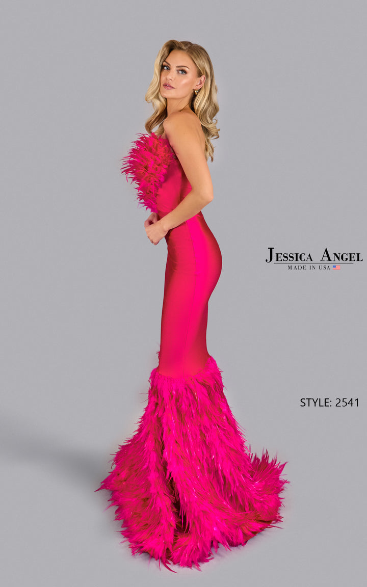 Jessica Angel 2541 feather trim mermaid gown side view