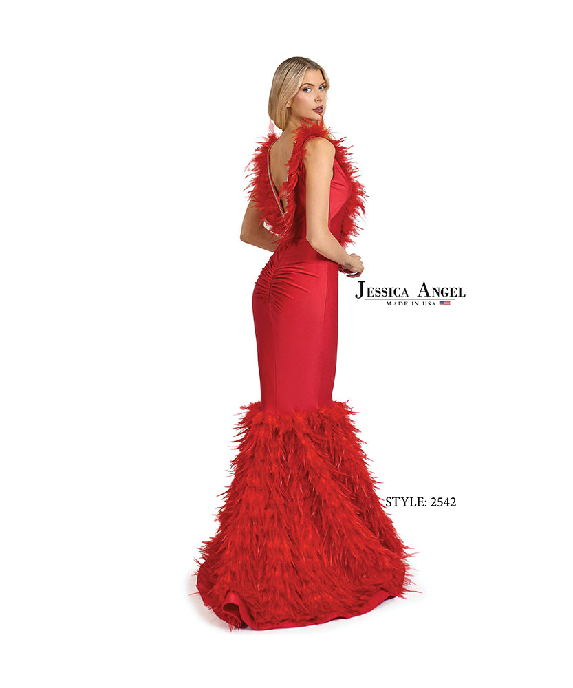 Jessica Angel 2542 feather trim open back gown back view