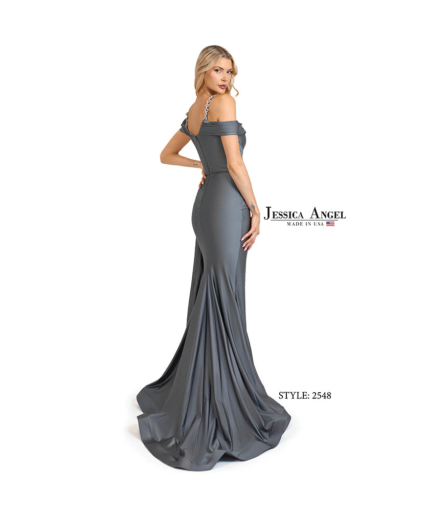 Jessica Angel 2548 off shoulder jersey gown with slit back view