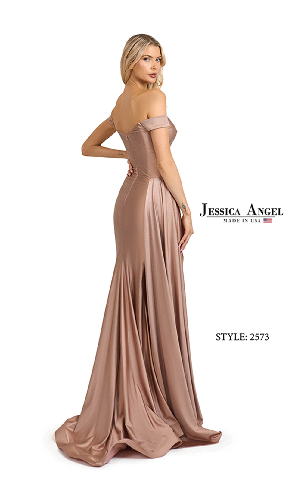 Jessica Angel 2573 off shoulder jersey mermaid gown back view