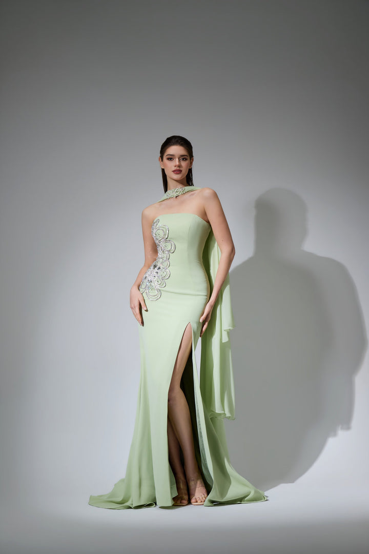 Delilah LD41029 Strapless Column Gown with Beaded Choker Streamers and High Slit - Mint front view
