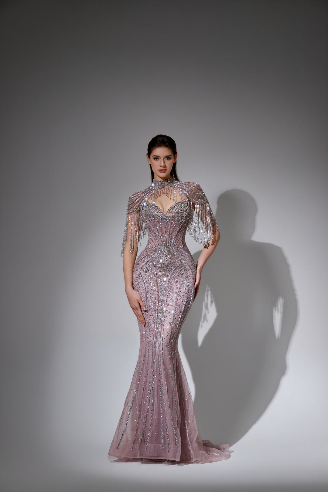 Delilah LD11596 Beaded Corset Sheath Gown with High Choker Collar and Crystal Fringe Shoulders - Pink front view