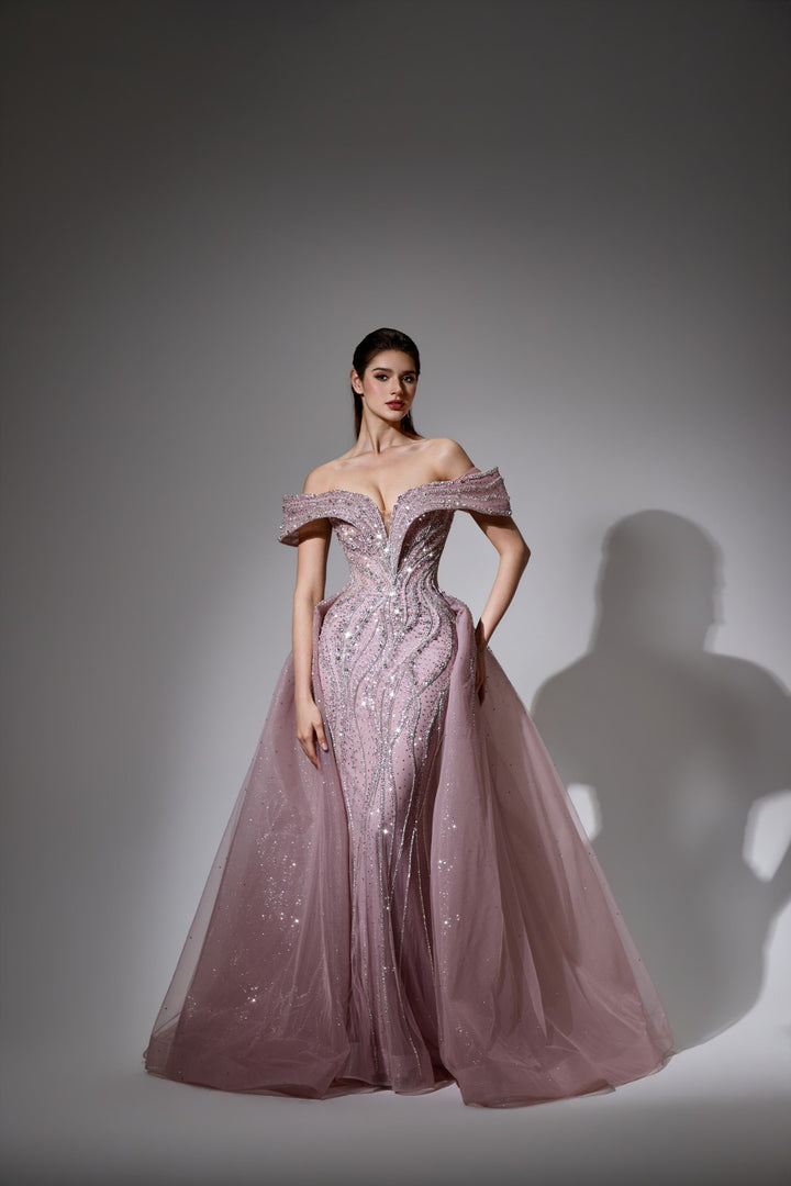 Delilah LD11538 Off-the-Shoulder Plunging Beaded Mermaid Gown with Sparkle Overskirt - Pink front view