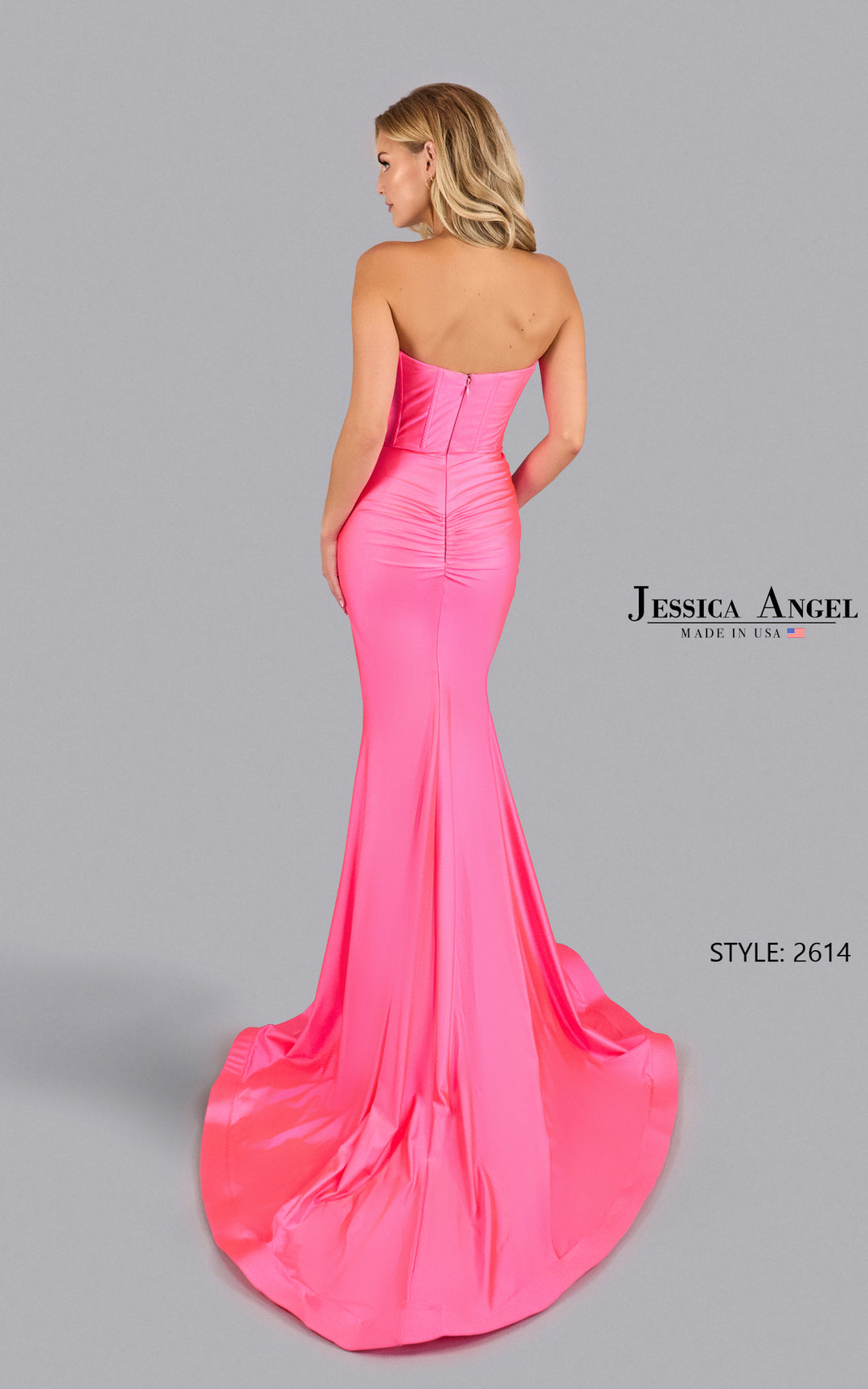 Jessica Angel 2614 strapless keyhole jersey gown with slit back view