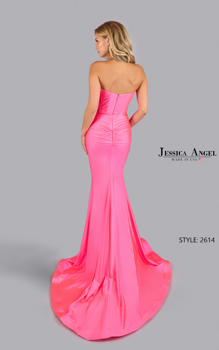 Jessica Angel 2614 strapless keyhole jersey gown with slit back view
