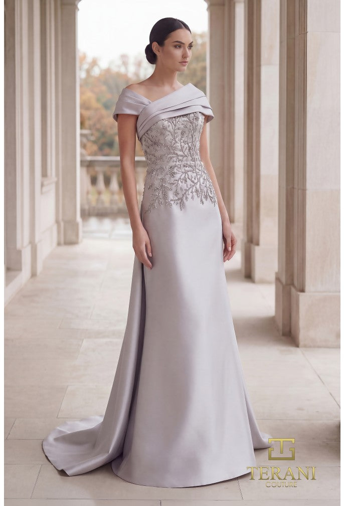 Terani 262M7258 Portrait Cross-Over Draped Cap Sleeve Corset Dress