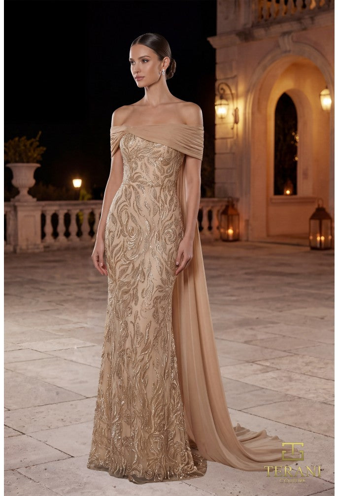 Terani 262M7264 Off-the-Shoulder Beaded Sheath Dress