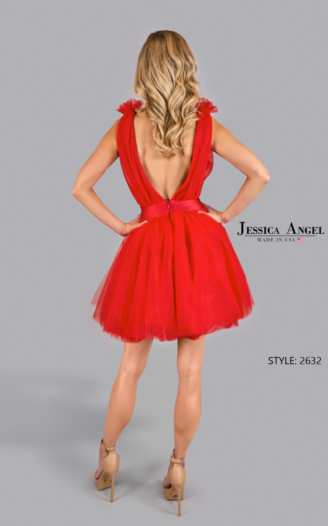 Jessica Angel 2632 ruffle shoulder cocktail dress back view