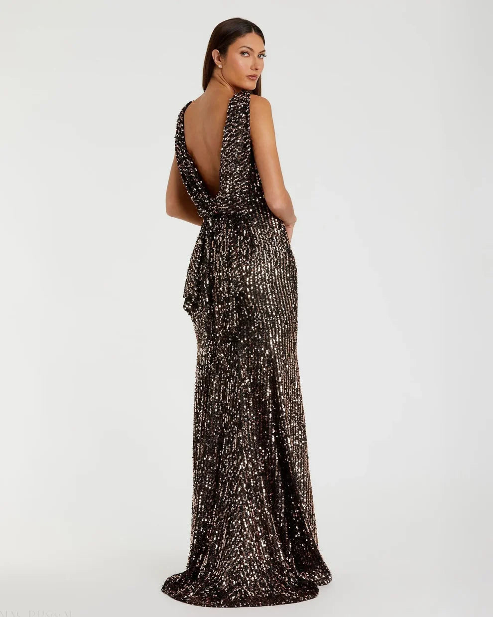 Mac Duggal 9926331P Petite Cowl Back Boat Neck Sequined Evening Gown