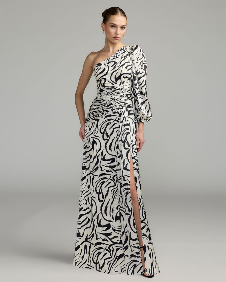 Mac Duggal 2634 One Sleeve Floral Print Charmeuse Dress With Slit