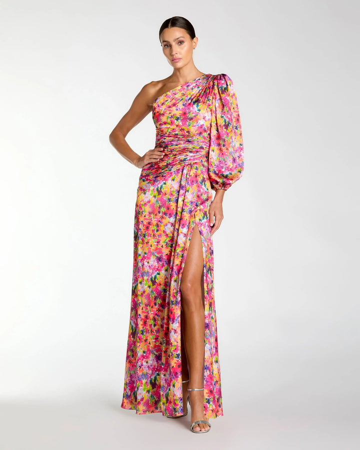 Mac Duggal 2634 Multicolor One Sleeve Floral Print Charmeuse Gown With Slit - FOSTANI.com