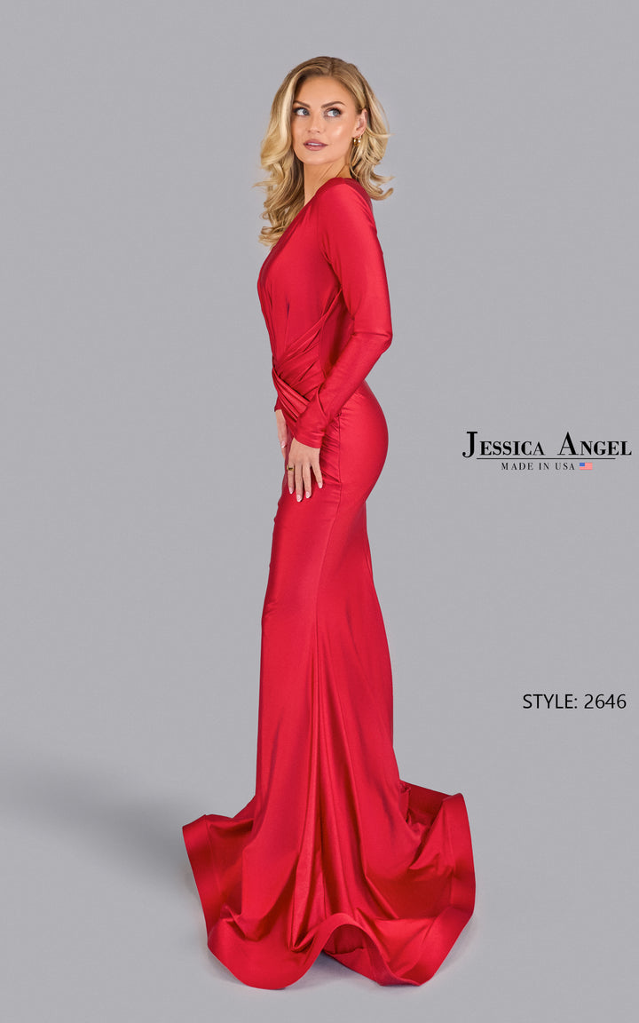 Jessica Angel 2646 long sleeve plunging V-neck jersey mermaid gown alternate view 2