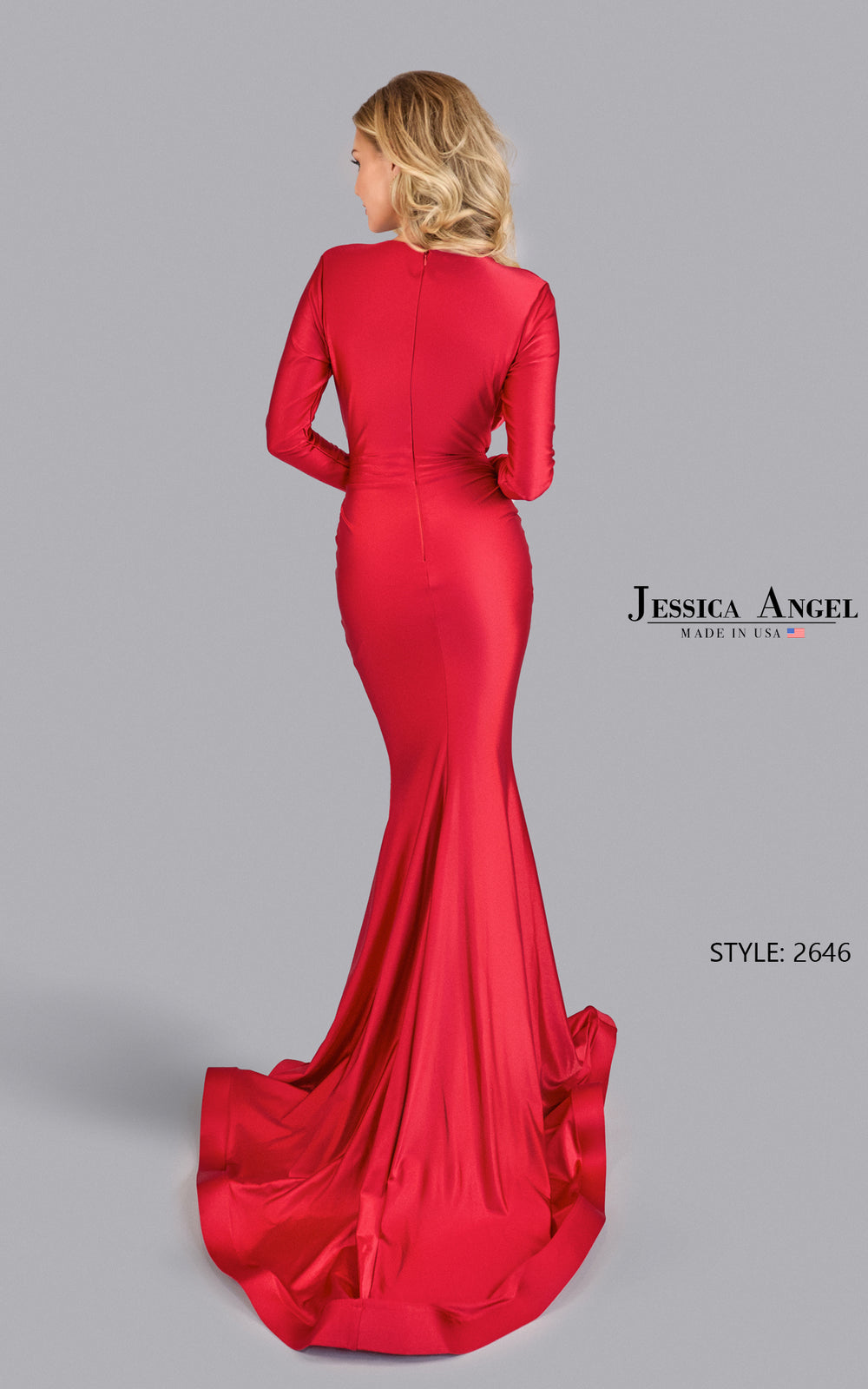 Jessica Angel 2646 long sleeve plunging V-neck jersey mermaid gown back view