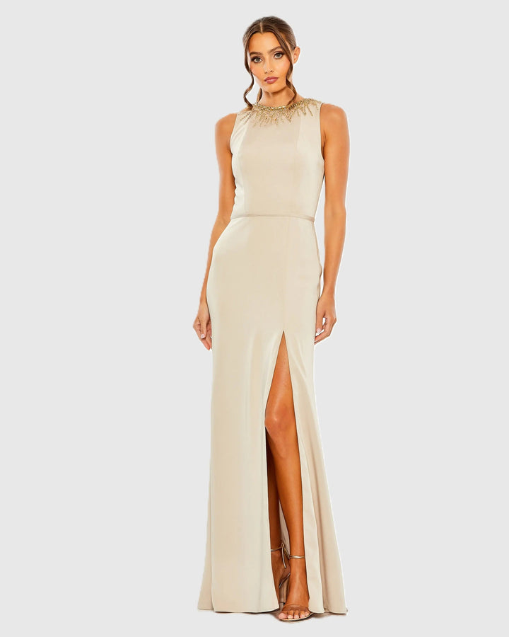 Beige High Neck Rhinestone Column Gown With Slit - FOSTANI.com