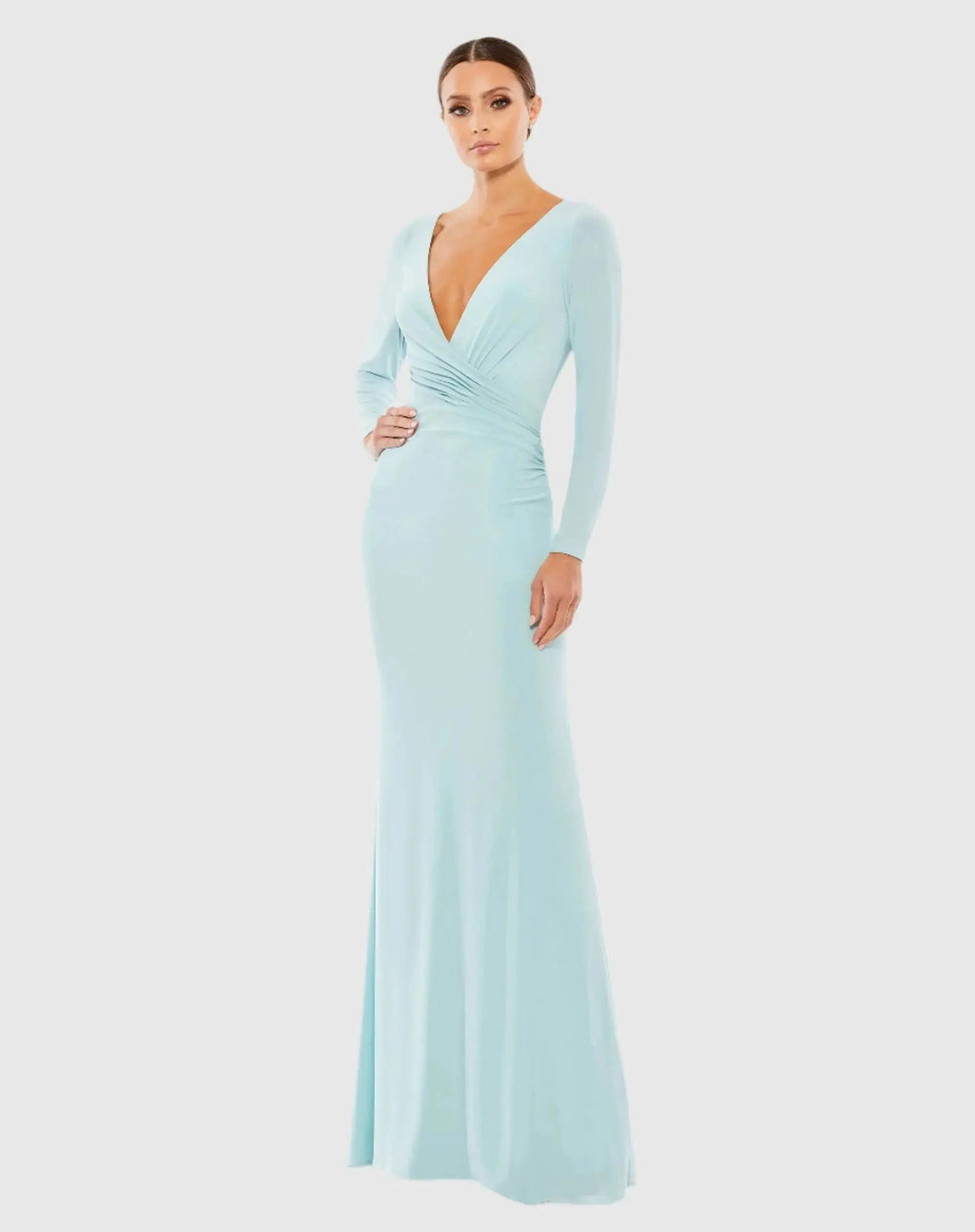 Mac Duggal 26573 Long Sleeve Ruched Jersey V-Neck Gown