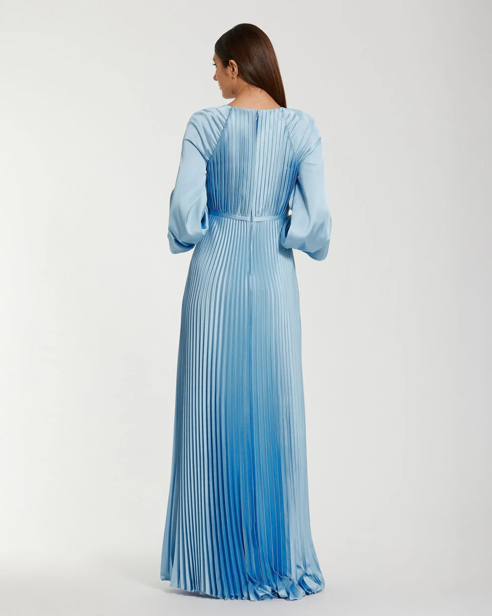 Mac Duggal 26590 Blue Pleated High Neck Long Sleeve Gown with Slit