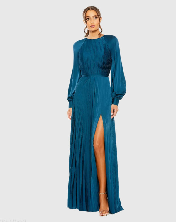 Mac Duggal 26590 Blue Pleated High Neck Long Sleeve Gown with Slit