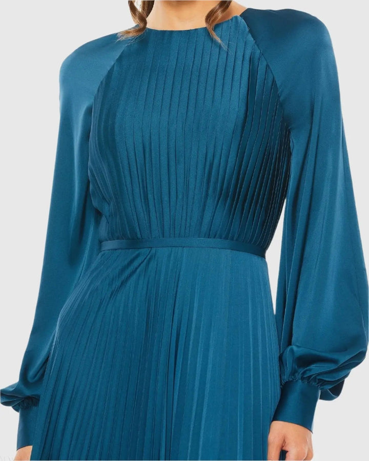 Mac Duggal 26590 Blue Pleated High Neck Long Sleeve Gown with Slit
